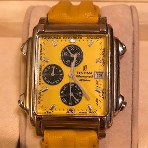 Vintage Festina Swiss Watch Yellow Face Leather